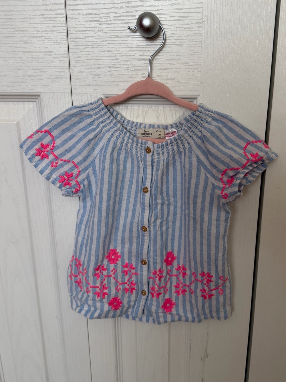 Zara Blue & White Striped Girls' Button Front Top with Pink Embroidery